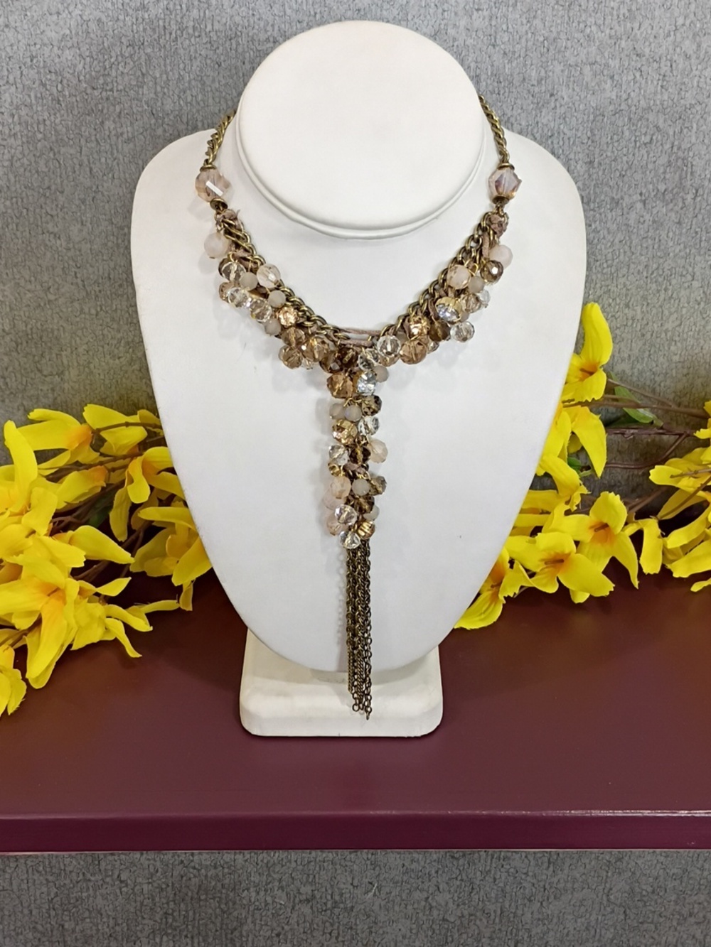 Vintage Y2K LOFT Beaded "Y" Necklace Antiqued Gold Tone Chain Tassel